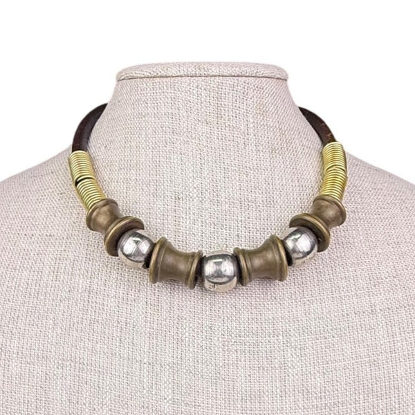 Vintage MCM Brown Leather & Metal Beaded Statement Necklace Unique Design