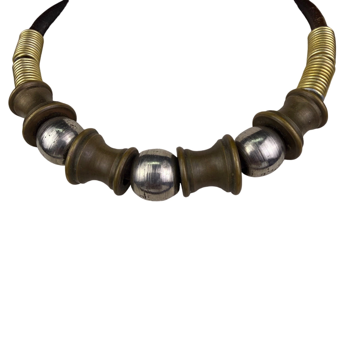 Vintage MCM Brown Leather & Metal Beaded Statement Necklace Unique Design