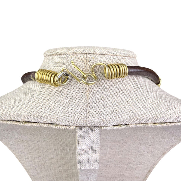 Vintage MCM Brown Leather & Metal Beaded Statement Necklace Unique Design