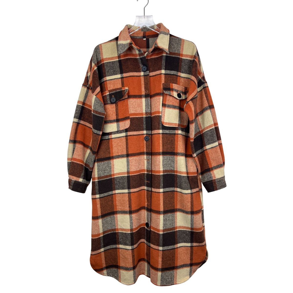 Plaid Women’s Orange/Brown Flannel Long Button-Up Shacket Coat With Pockets Size L