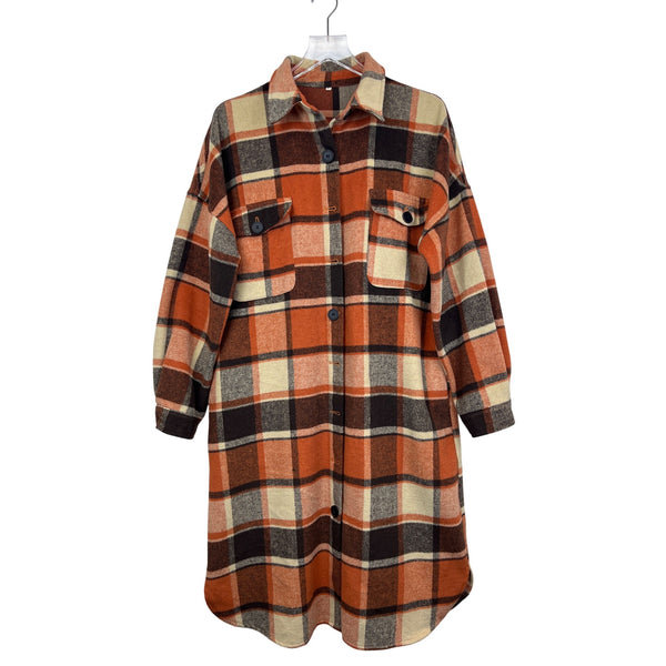 Plaid Women’s Orange/Brown Flannel Long Button-Up Shacket Coat With Pockets Size L