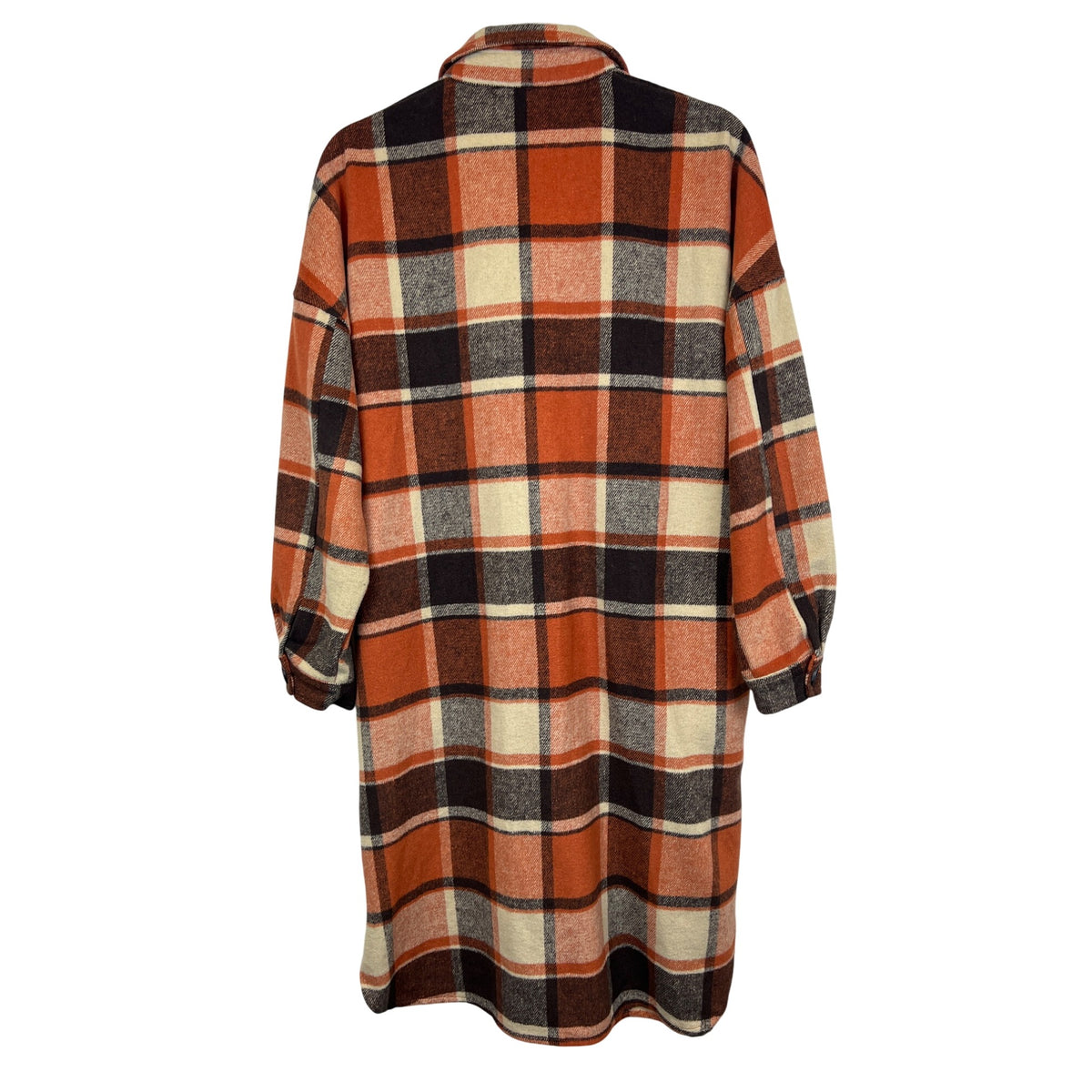 Plaid Women’s Orange/Brown Flannel Long Button-Up Shacket Coat With Pockets Size L