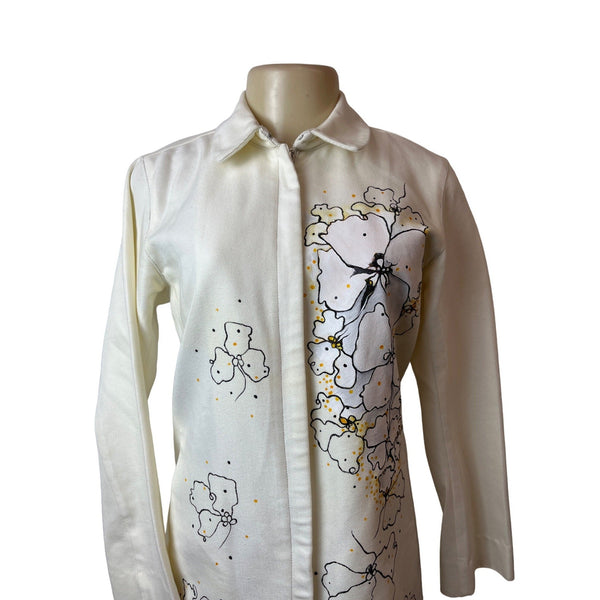 DKNY Jeans Floral Print White Long Sleeve Coat Sz Petite S