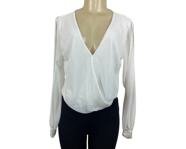Arden B. Womens Long Sleeve V-Neck White Drape Top Sz S