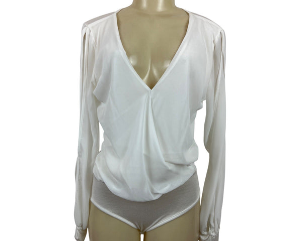 Arden B. Womens Long Sleeve V-Neck White Drape Top Sz S