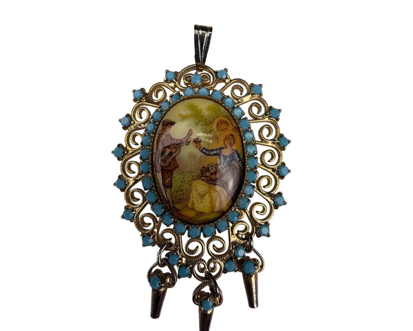 Vintage Gold Tone Victorian Style Pendant Turquoise Porcelain Scene Oval Dangles