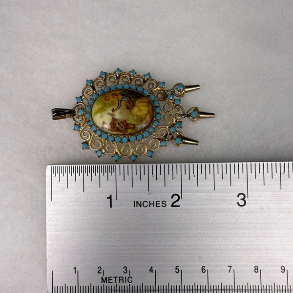 Vintage Gold Tone Victorian Style Pendant Turquoise Porcelain Scene Oval Dangles