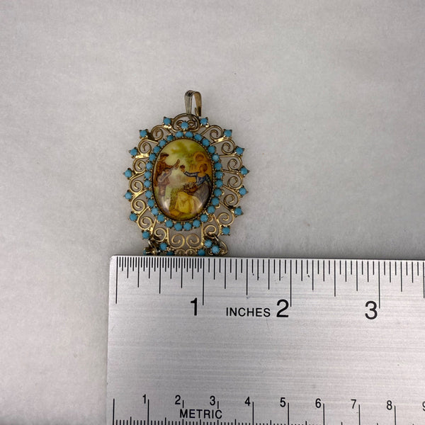Vintage Gold Tone Victorian Style Pendant Turquoise Porcelain Scene Oval Dangles