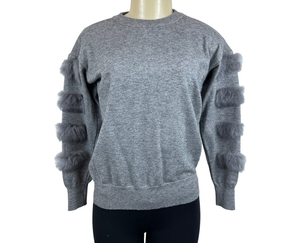 Daily Women's Gray Faux Fur Sleeve Trim Sweater Soft & Cozy Fabric Sz M/L