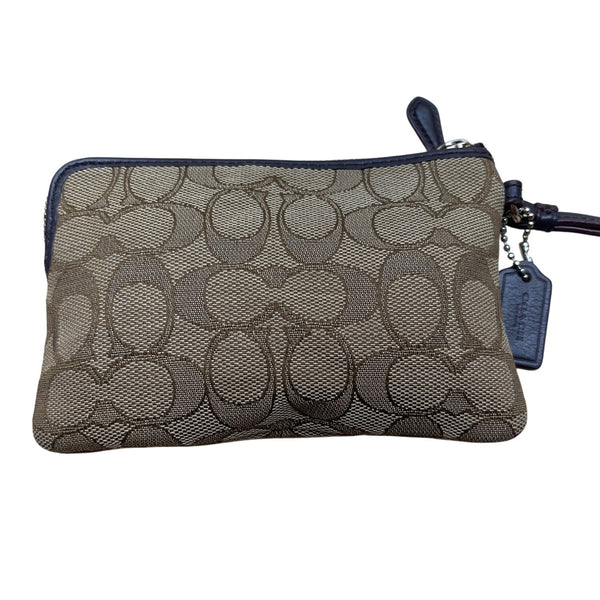 Coach Signature Jacquard & Leather Brown & Gold Zip Closure Wristlet Clutch Bag
