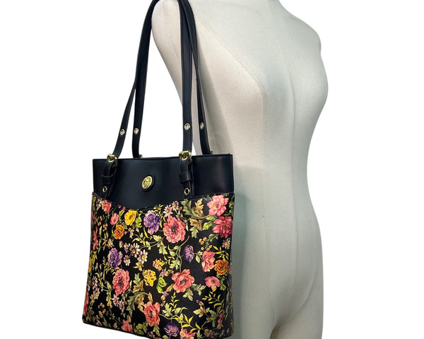 Anne Klein Floral Print Black Faux Leather Gold Accent Zipper Closure Tote Bag