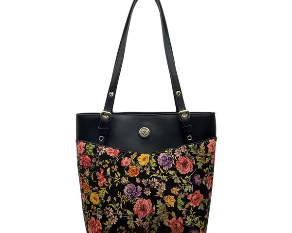 Anne Klein Floral Print Black Faux Leather Gold Accent Zipper Closure Tote Bag