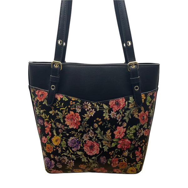 Anne Klein Floral Print Black Faux Leather Gold Accent Zipper Closure Tote Bag
