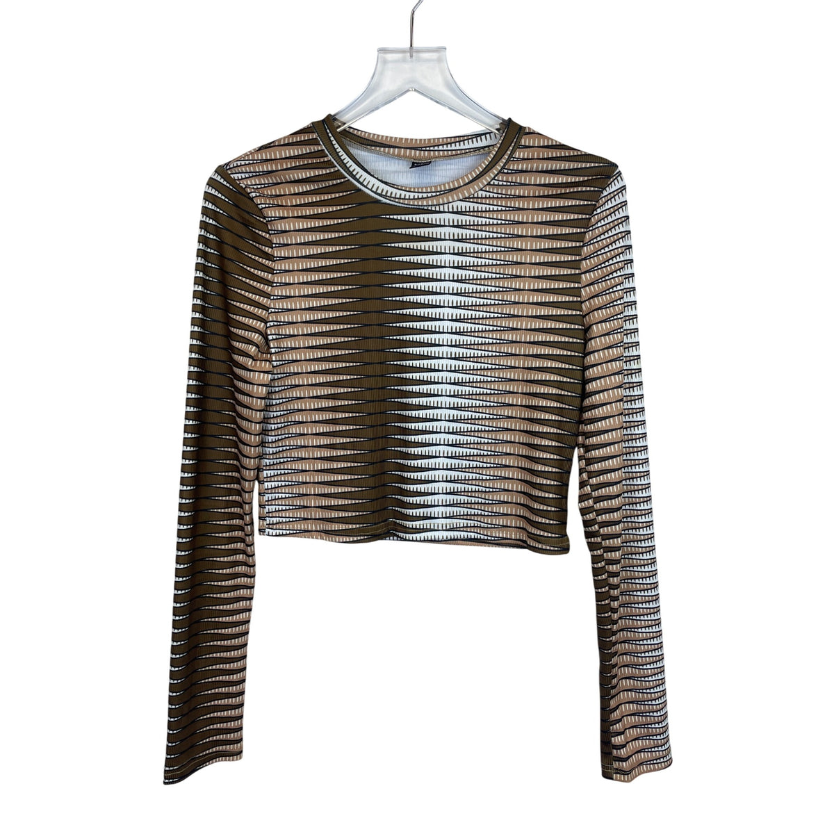 Shein Womens Brown & White Striped Long-Sleeve Transparent Mesh Crop Top Size Large