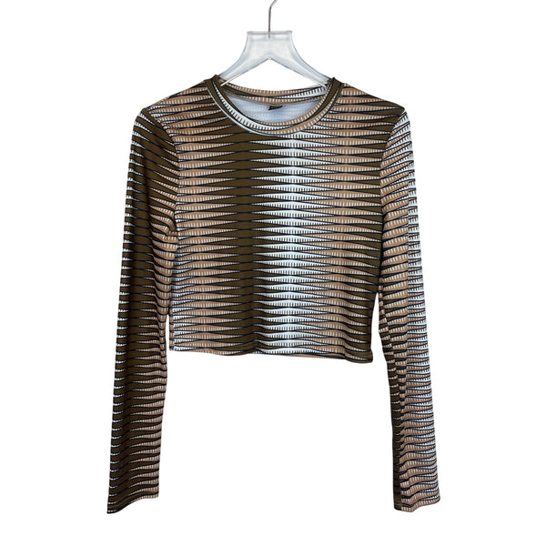 Shein Womens Brown & White Striped Long-Sleeve Transparent Mesh Crop Top Size Large