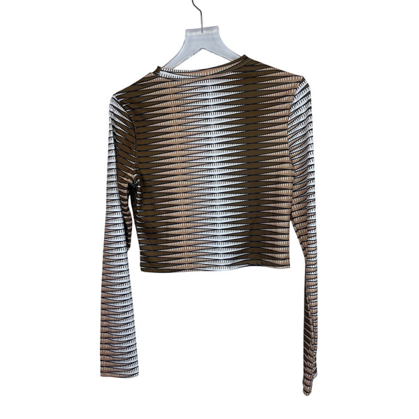 Shein Womens Brown & White Striped Long-Sleeve Transparent Mesh Crop Top Size Large