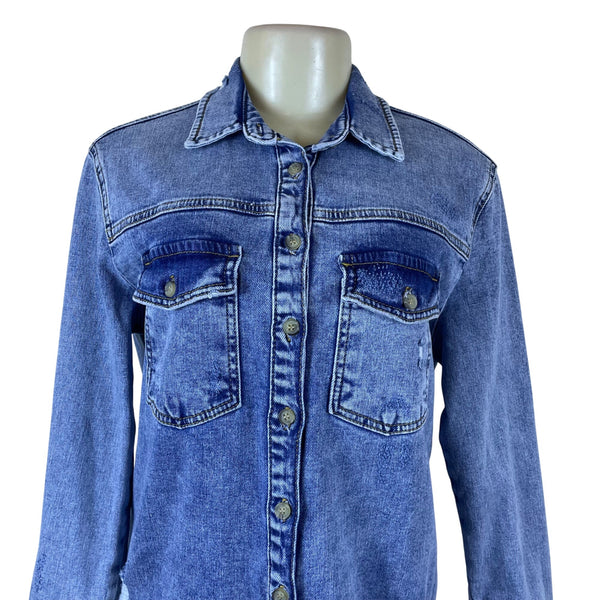 Pilcro Women's Blue Denim Button-Up Jacket With Fringe Hem Size Small - New