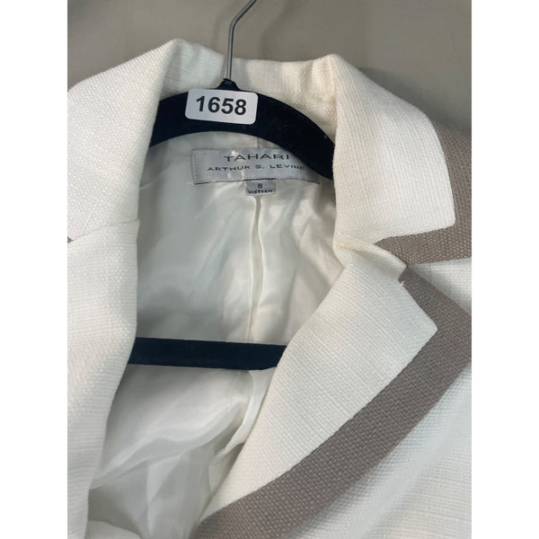 Tahari Women's White Women's Ivory ith Beige Border and ButtonsTweed Blazer Sz 8