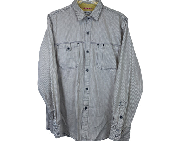 Iron And Resin Mens Beige Striped Button-Up Shirt Long Sleeve Cotton Large