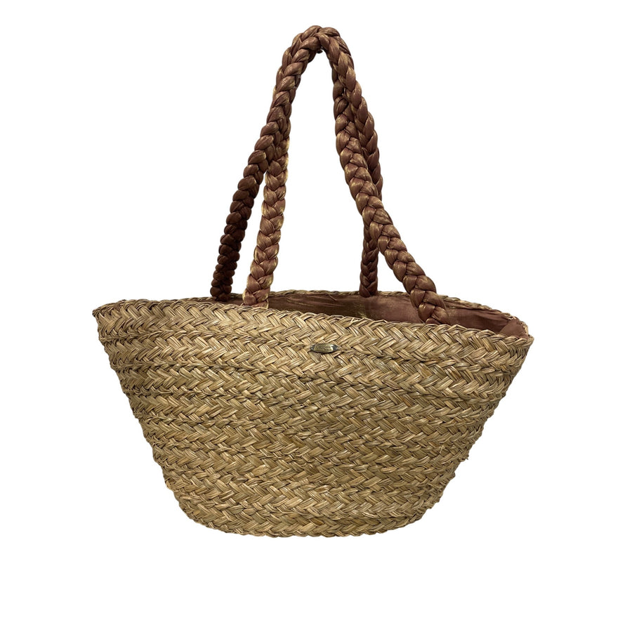 Cappelli Womens Tan & Brown Straw Tote Bag Braided Straps Satin Interior
