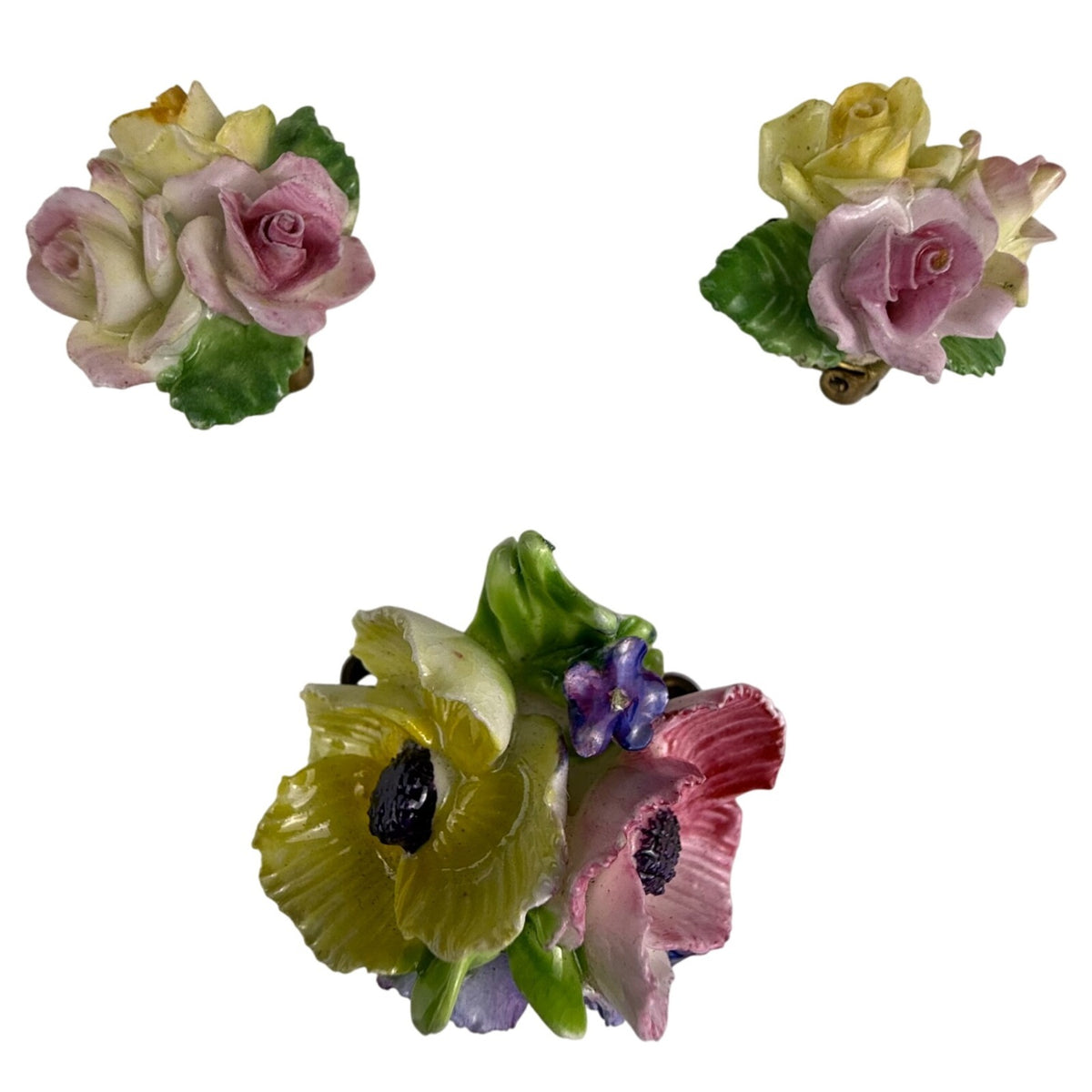 Coalport Hand-Painted Ceramic Clip Earrings & Brooch Multi-Color Floral Set