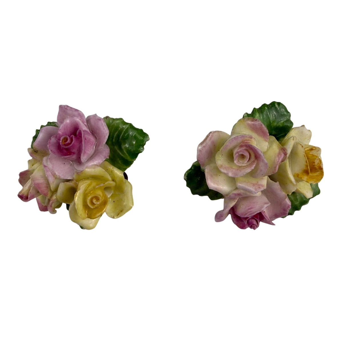 Coalport Hand-Painted Ceramic Clip Earrings & Brooch Multi-Color Floral Set