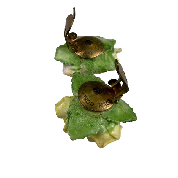 Coalport Hand-Painted Ceramic Clip Earrings & Brooch Multi-Color Floral Set