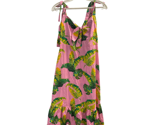 Title: Pink & Green Sleeveless Tropical Maxi Dress With Leaf Print