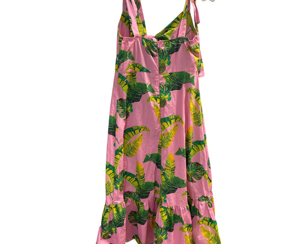 Title: Pink & Green Sleeveless Tropical Maxi Dress With Leaf Print