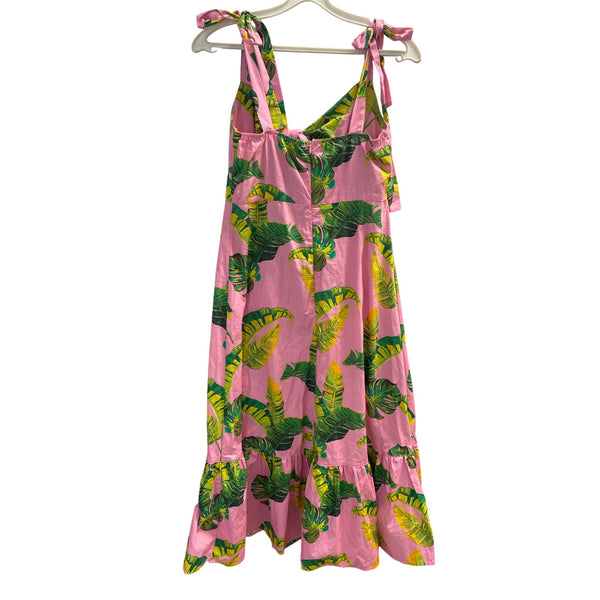 Title: Pink & Green Sleeveless Tropical Maxi Dress With Leaf Print