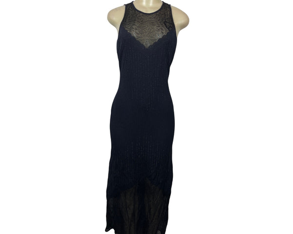 Black Sleeveless Long Evening Dress With Sheer Lace Yoke Ribbed Knit Sz S/M