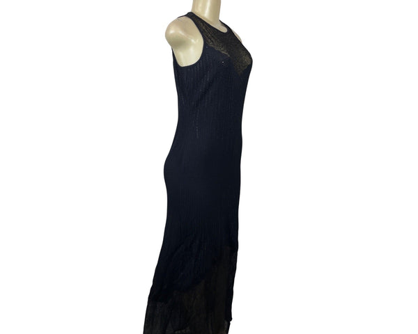 Black Sleeveless Long Evening Dress With Sheer Lace Yoke Ribbed Knit Sz S/M