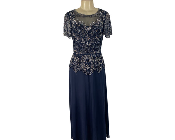Vintage Pisarro Nights Navy Beaded Embellished Gown Short Sleeve Dress Sz 6