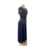 Vintage Pisarro Nights Navy Beaded Embellished Gown Short Sleeve Dress Sz 6