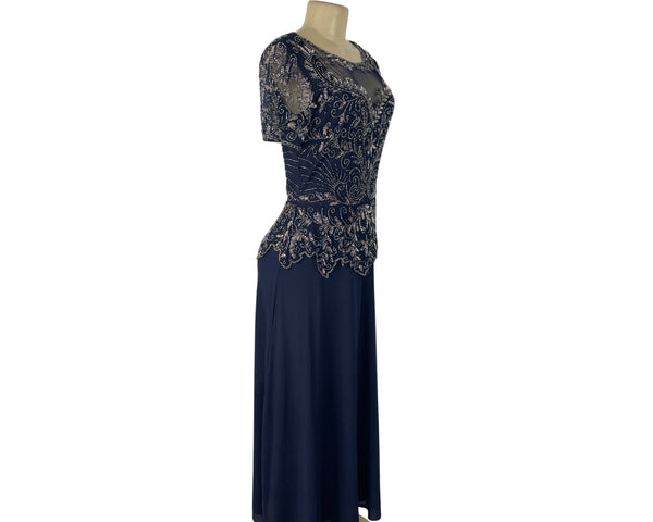 Vintage Pisarro Nights Navy Beaded Embellished Gown Short Sleeve Dress Sz 6