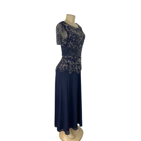 Vintage Pisarro Nights Navy Beaded Embellished Gown Short Sleeve Dress Sz 6