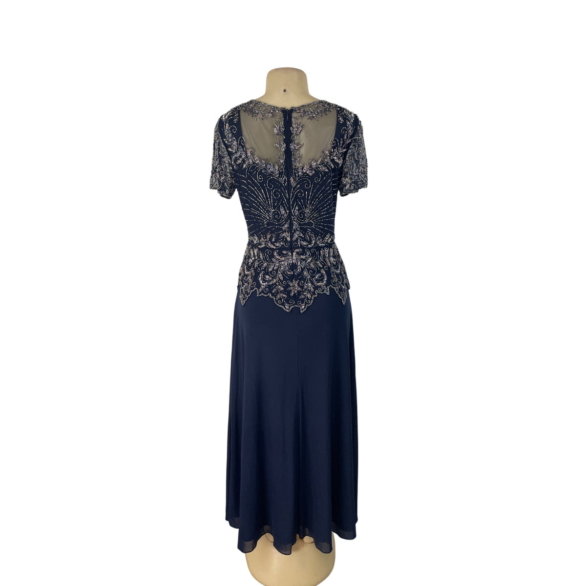 Vintage Pisarro Nights Navy Beaded Embellished Gown Short Sleeve Dress Sz 6
