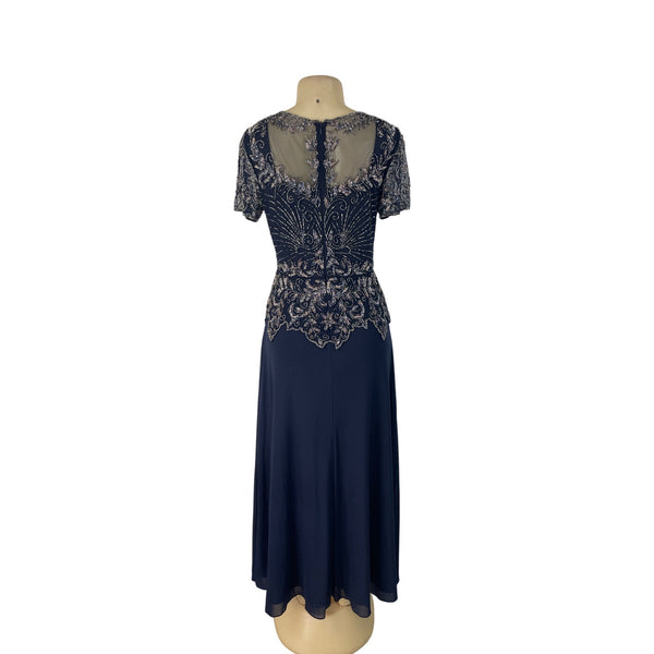 Vintage Pisarro Nights Navy Beaded Embellished Gown Short Sleeve Dress Sz 6