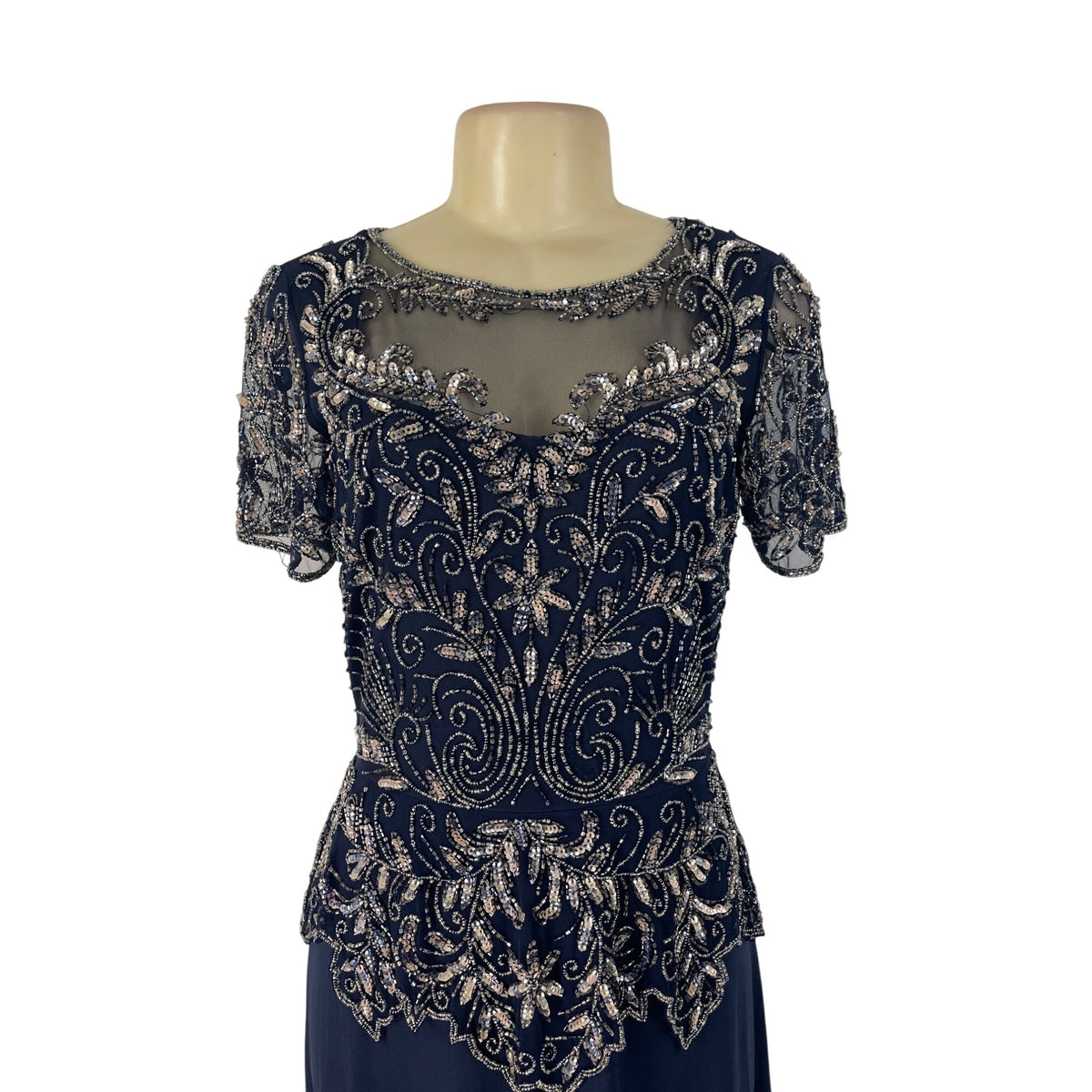 Vintage Pisarro Nights Navy Beaded Embellished Gown Short Sleeve Dress Sz 6