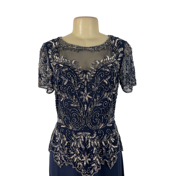 Vintage Pisarro Nights Navy Beaded Embellished Gown Short Sleeve Dress Sz 6