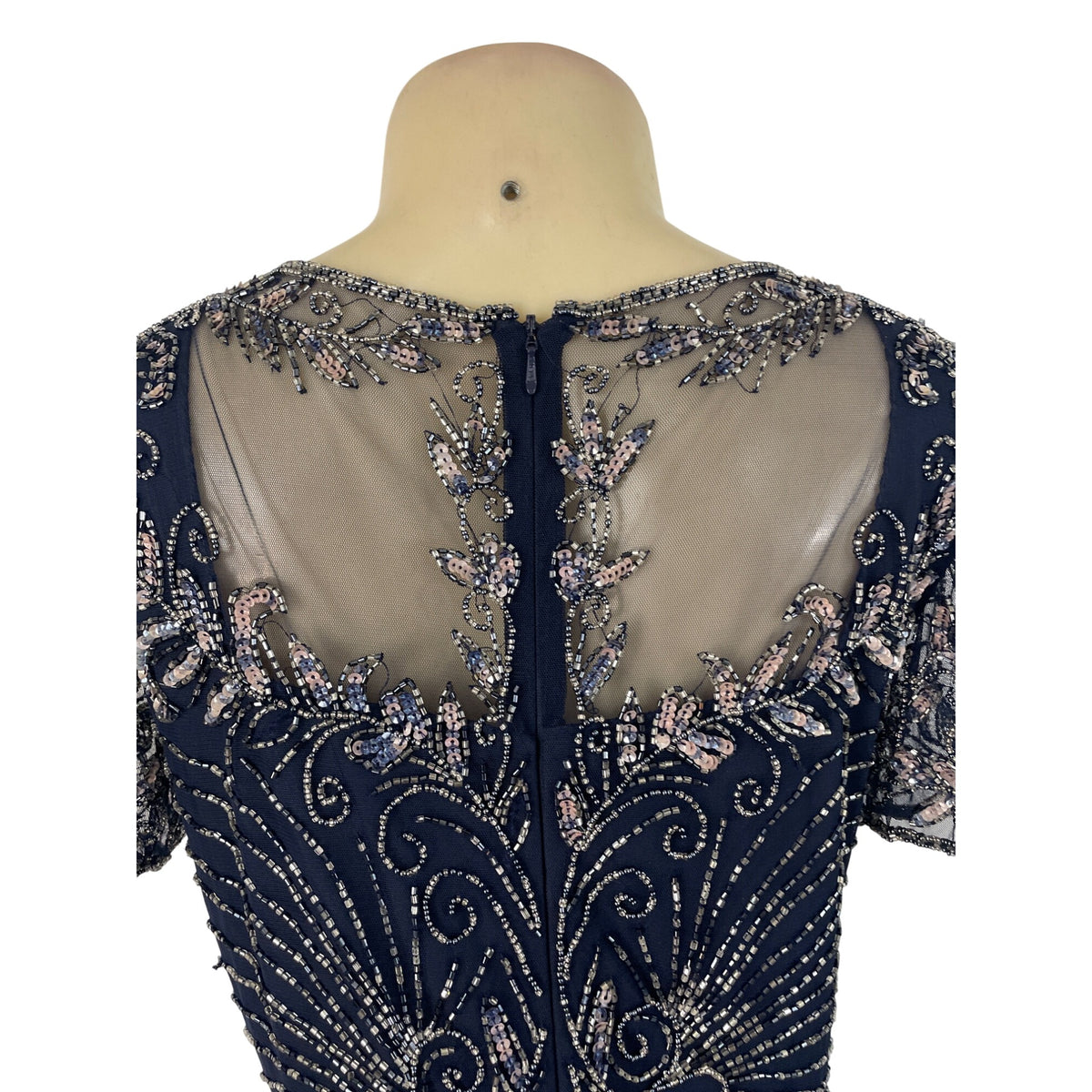 Vintage Pisarro Nights Navy Beaded Embellished Gown Short Sleeve Dress Sz 6
