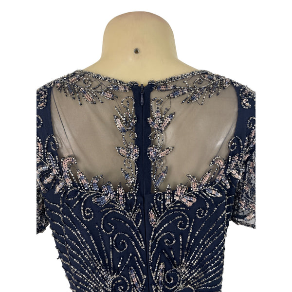 Vintage Pisarro Nights Navy Beaded Embellished Gown Short Sleeve Dress Sz 6