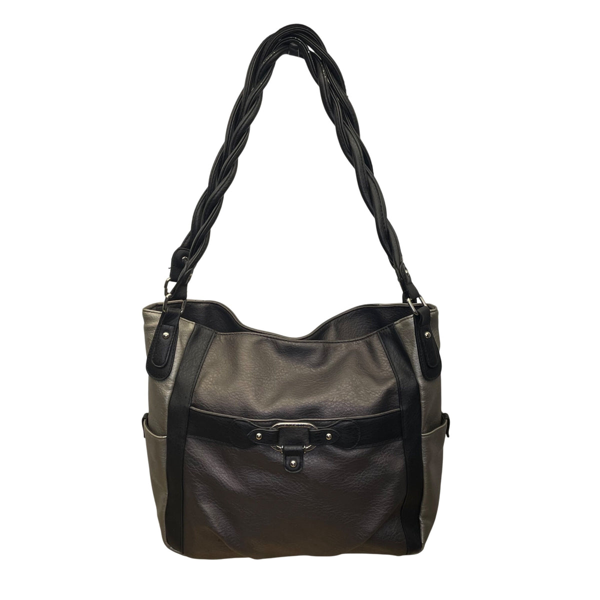 Rosetti Womens Black/Gray Faux Leather Twist Strap & Buckle Accent Shoulder Bag