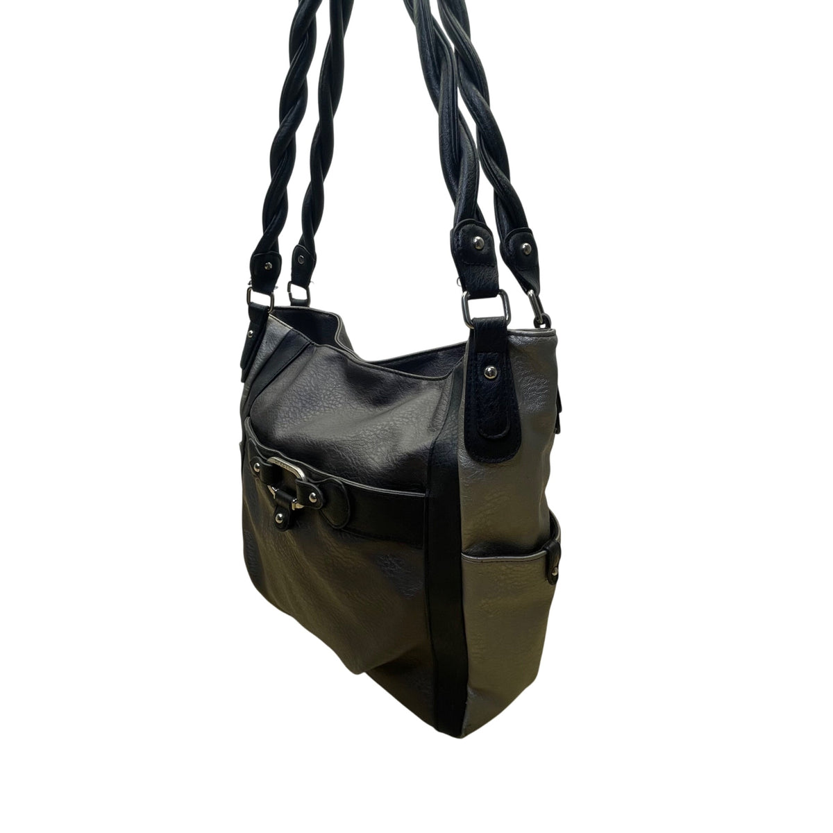 Rosetti Womens Black/Gray Faux Leather Twist Strap & Buckle Accent Shoulder Bag