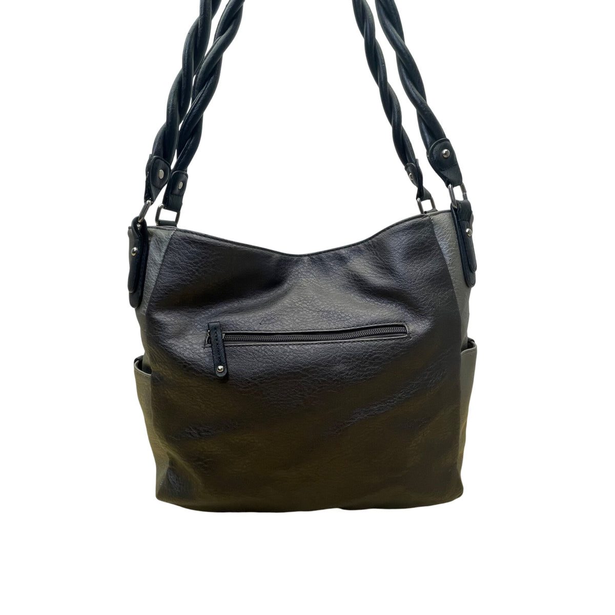 Rosetti Womens Black/Gray Faux Leather Twist Strap & Buckle Accent Shoulder Bag