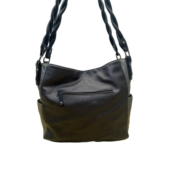 Rosetti Womens Black/Gray Faux Leather Twist Strap & Buckle Accent Shoulder Bag