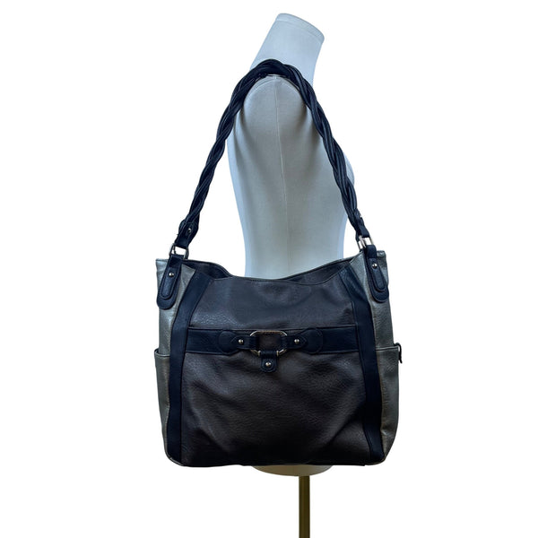 Rosetti Womens Black/Gray Faux Leather Twist Strap & Buckle Accent Shoulder Bag