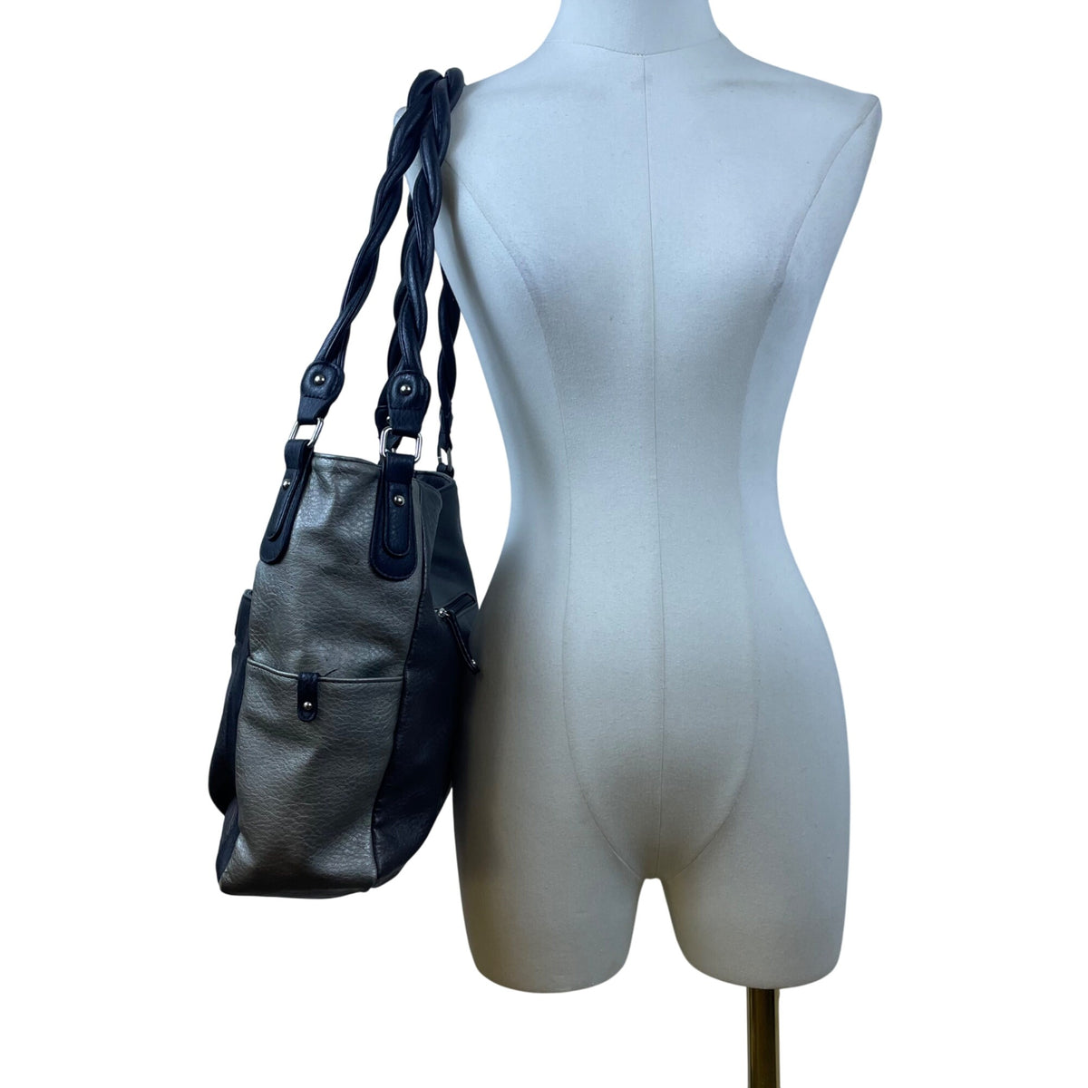 Rosetti Womens Black/Gray Faux Leather Twist Strap & Buckle Accent Shoulder Bag