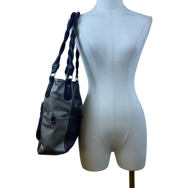 Rosetti Womens Black/Gray Faux Leather Twist Strap & Buckle Accent Shoulder Bag