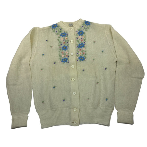 Vintage Kofler Womens Button-Up Cardigan With Floral Embroidery Cream